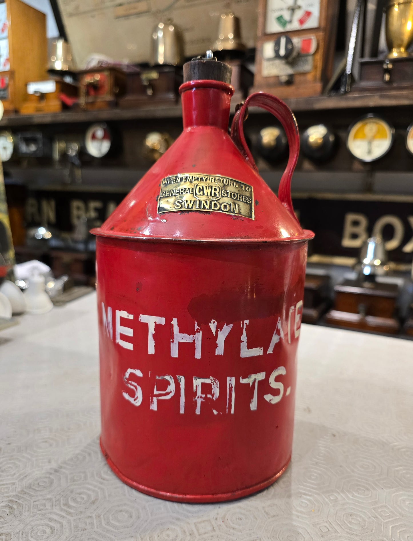 RA 7989 GREAT WESTERN RAILWAY , SWINDON 1/2 GALLON "METHYLATED SPIRITS" CONTAINER.