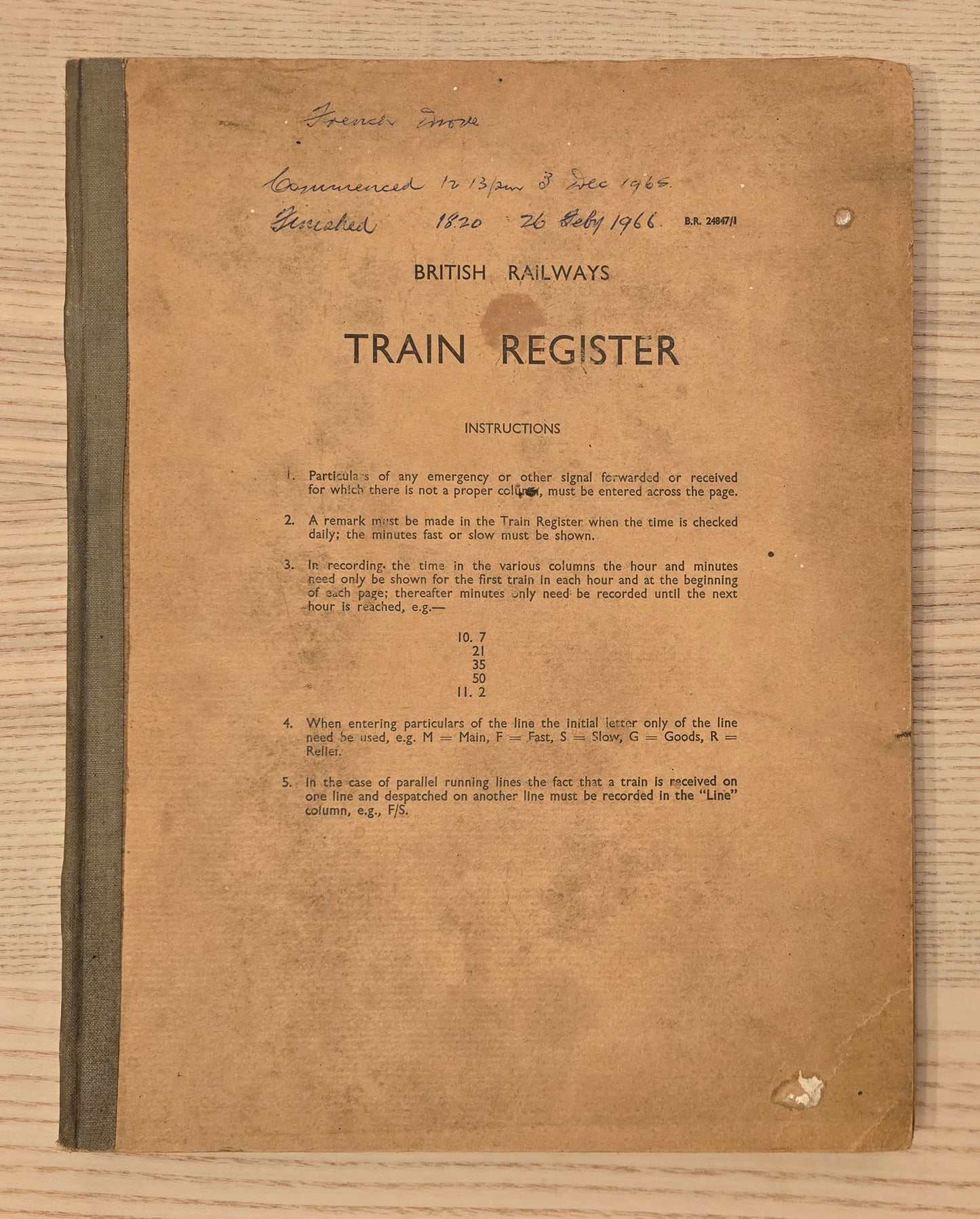 RA 8001 SIGNAL BOX TRAIN REGISTER FROM FRENCH GROVE ON THE FORMER G.N & G.C. JOINT LINES.