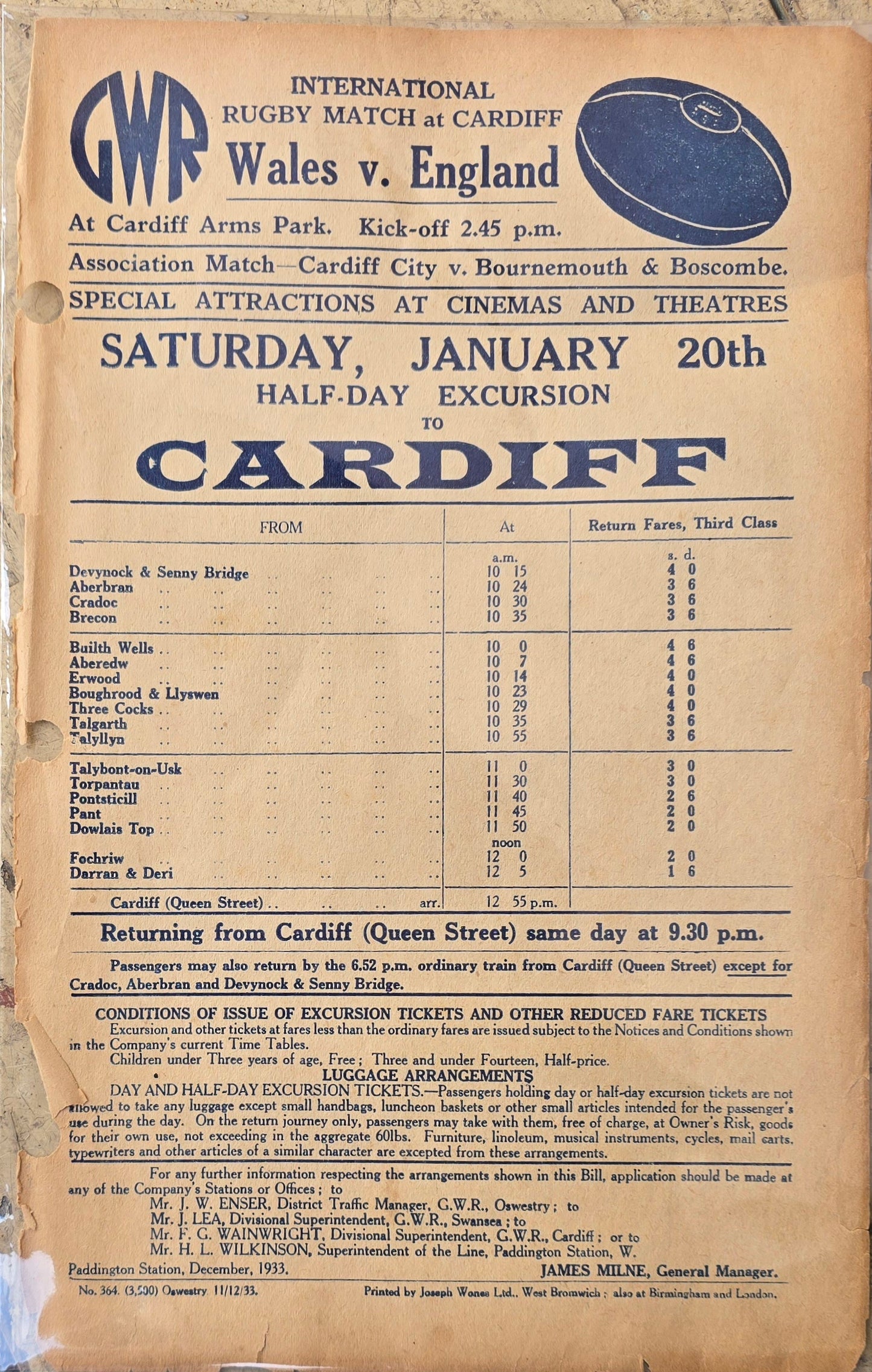 RA 7836 3 GREAT WESTERN RAILWAY "FLYERS" INCLUDING WALES v. ENGLAND RUGBY 1933.