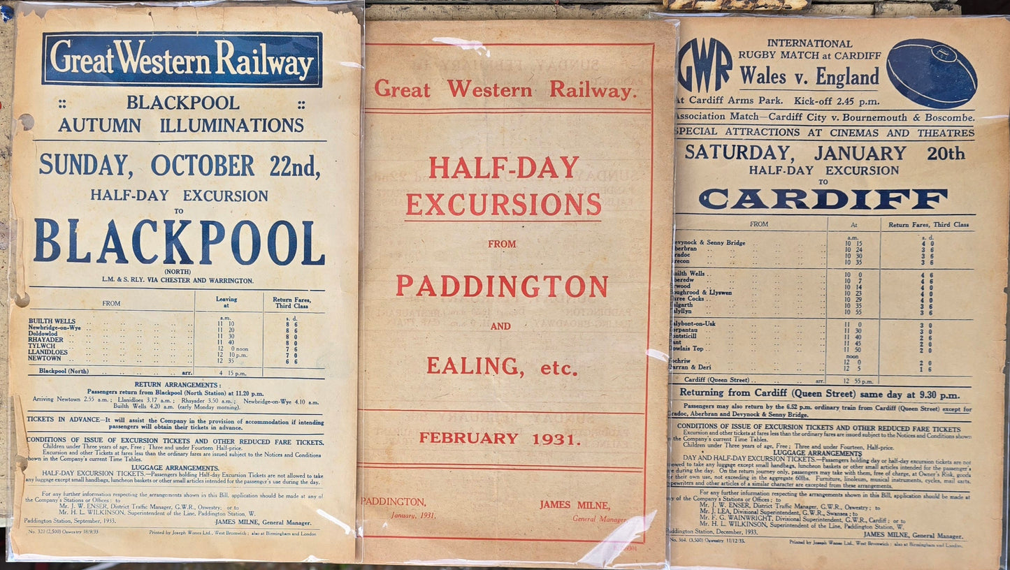 RA 7836 3 GREAT WESTERN RAILWAY "FLYERS" INCLUDING WALES v. ENGLAND RUGBY 1933.