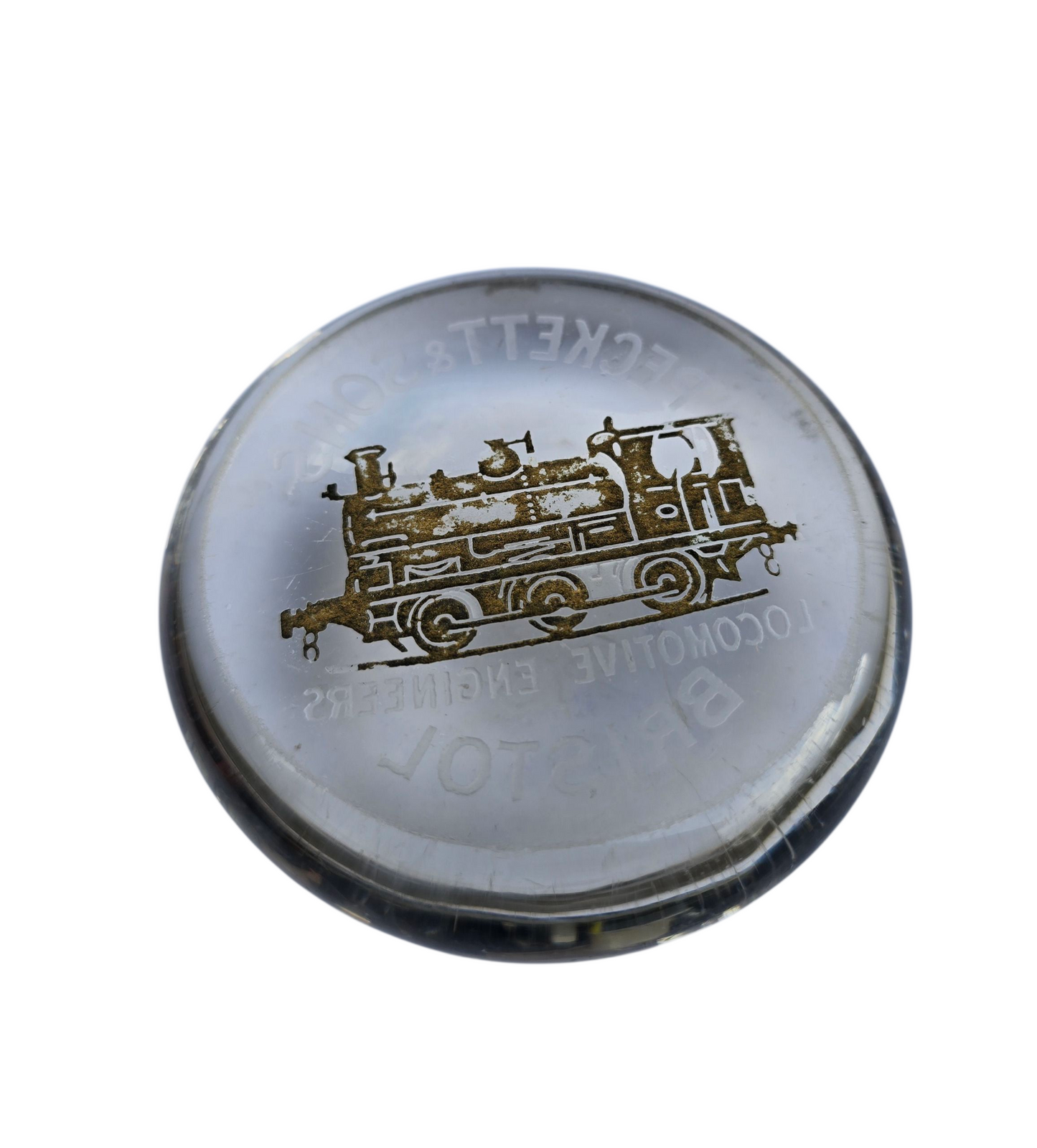 RA 8454 PECKETT & SONS, LOCOMOTIVE ENGINEERS , BRISTOL GLASS PAPERWEIGHT