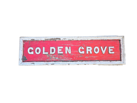 RA 8166  WOODEN STATION SIGN WITH CAST IRON LETTERS "GOLDEN GROVE"