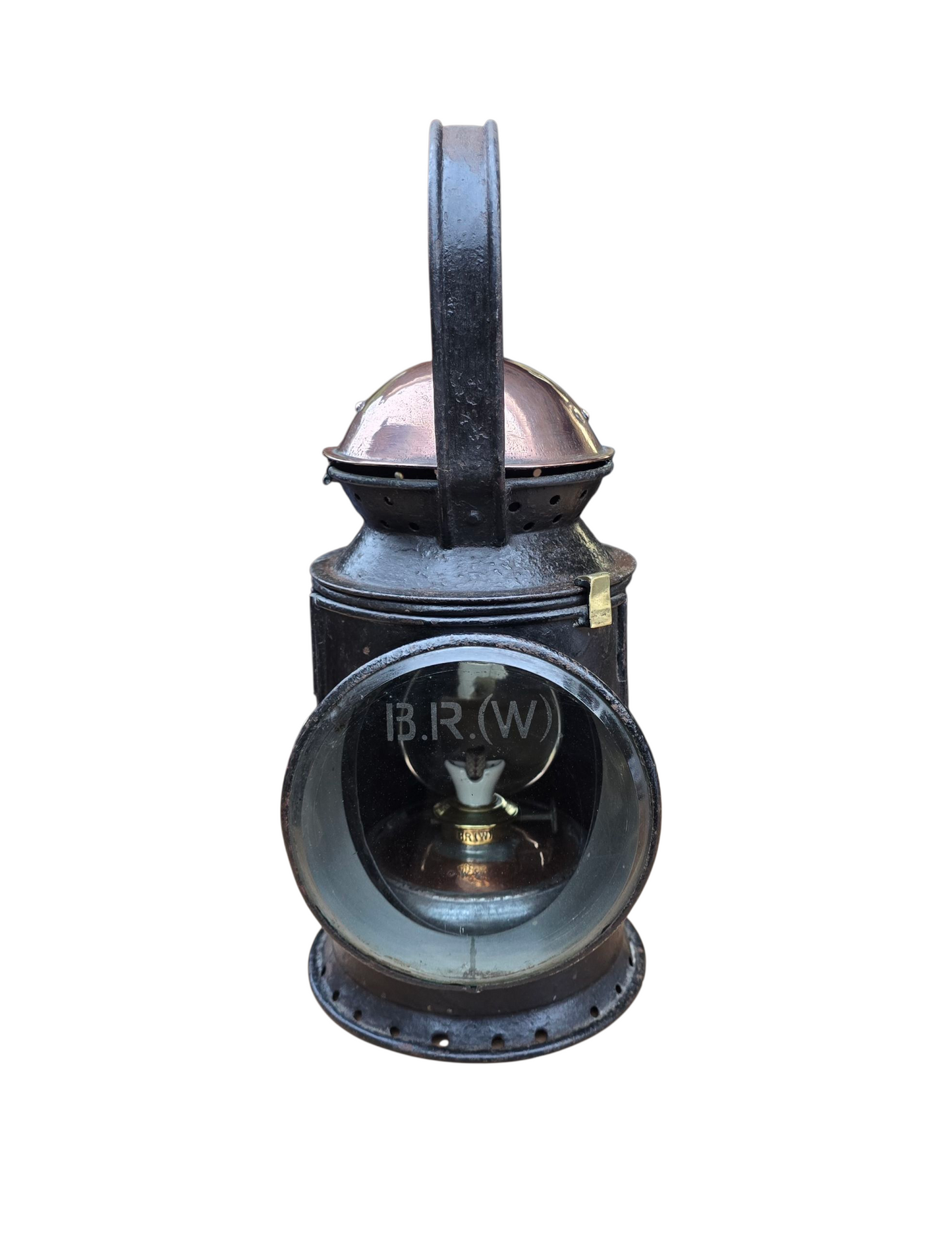 RA 8438  G.W.R. COPPER TOP HANDLAMP WITH  BR(W) ETCHED GLASS LENS