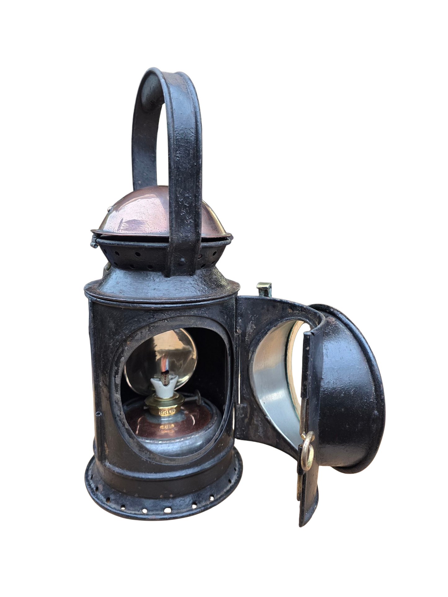 RA 8438  G.W.R. COPPER TOP HANDLAMP WITH  BR(W) ETCHED GLASS LENS