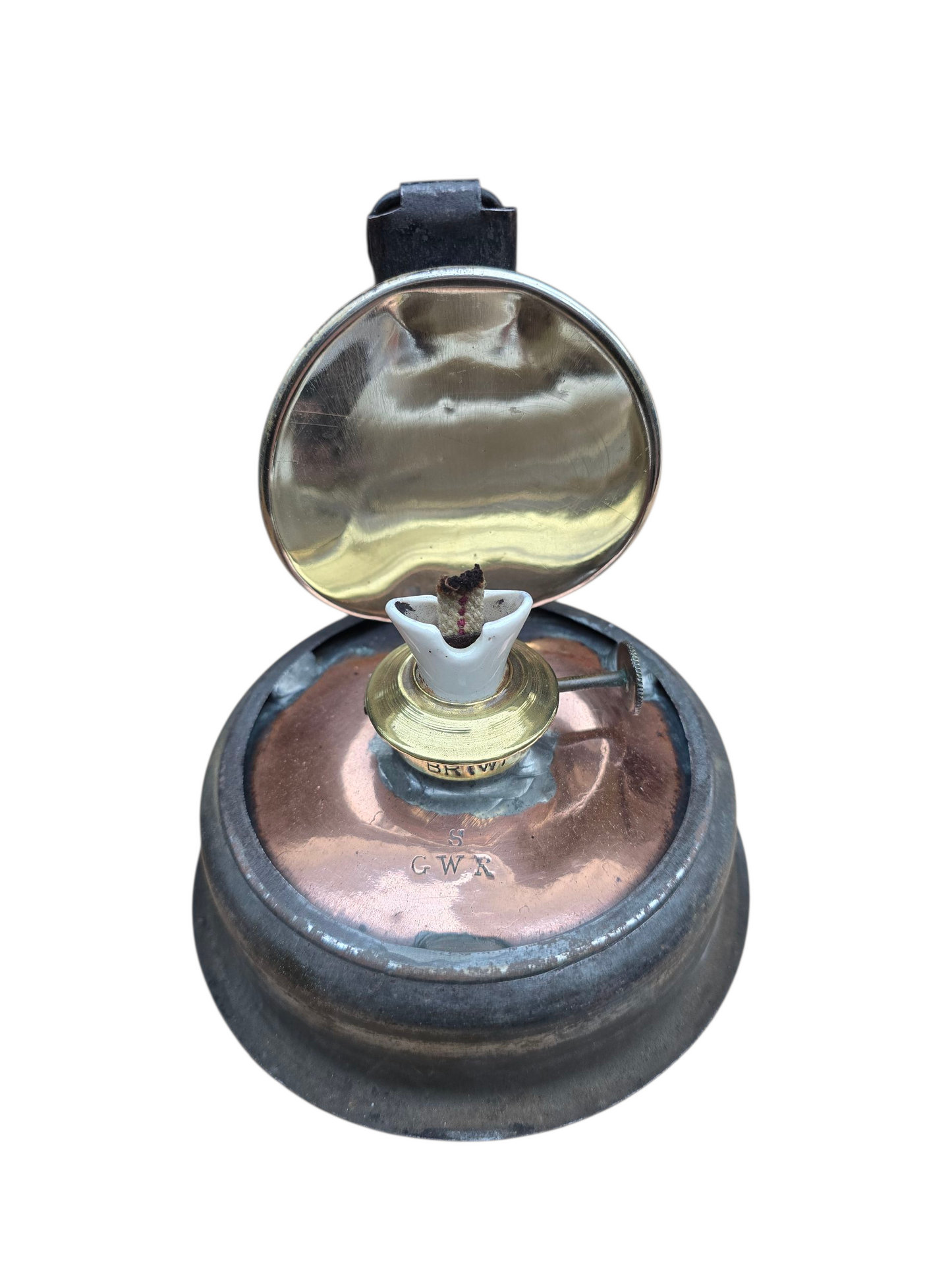 RA 8438  G.W.R. COPPER TOP HANDLAMP WITH  BR(W) ETCHED GLASS LENS