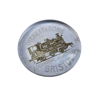 RA 8454  PECKETT & SONS, LOCOMOTIVE ENGINEERS , BRISTOL  GLASS PAPERWEIGHT