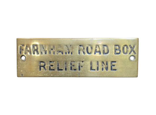 RA 8539 G.W.R. BRASS SHELF PLATE "FARNHAM ROAD BOX RELIEF LINE"