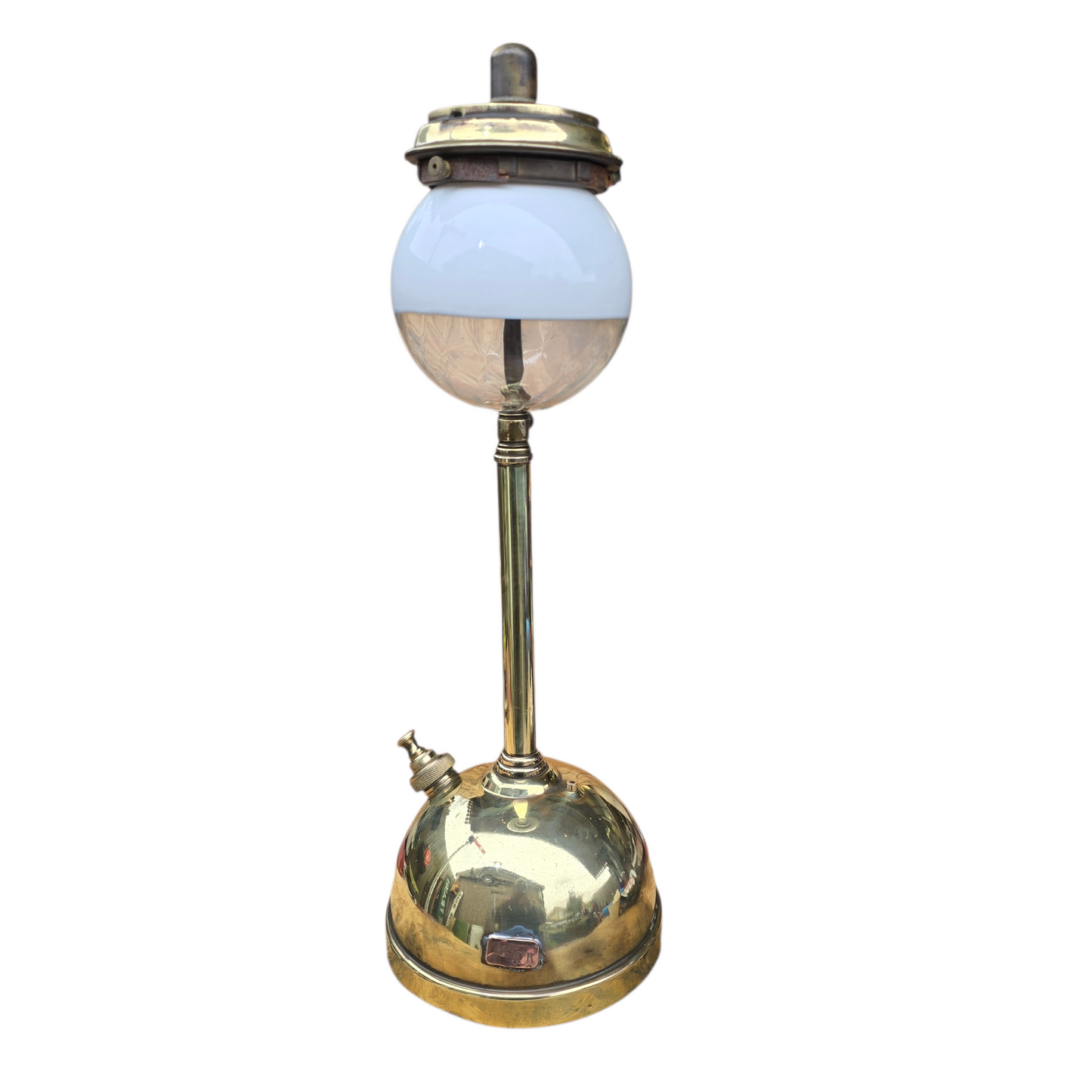 RA 8638A   BRASS "GWR" PLATED BRASS TILLEY TABLE LAMP WITH OPALINE GLOBE